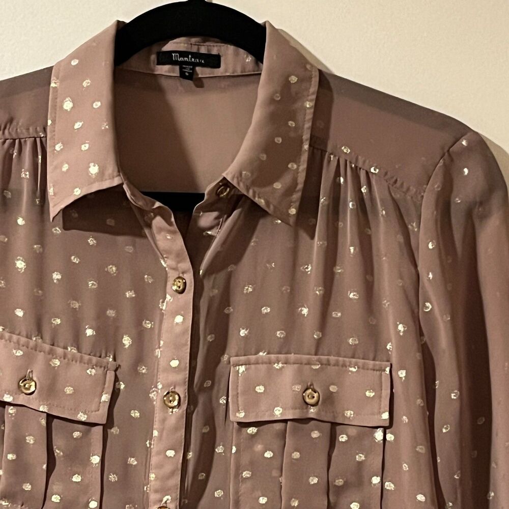Monteau Size Small Mauve Brown Gold Foil Dot Roll Tab Button Up Layering Blouse